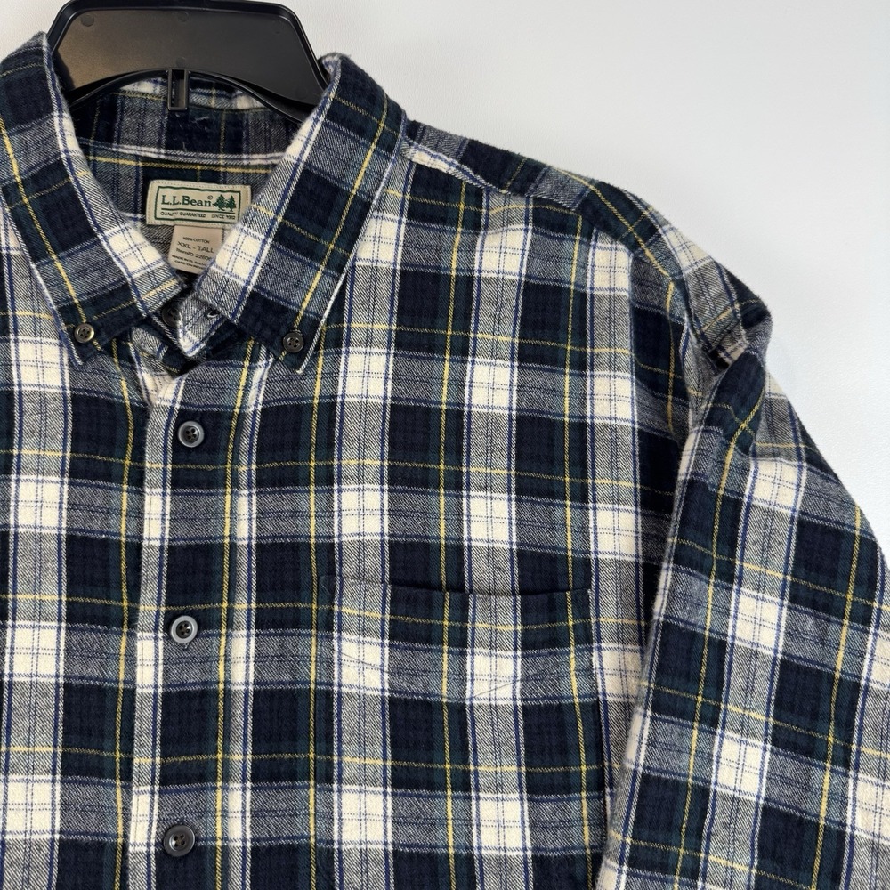 LL Bean Flannel Shirt Mens XXL Tall Navy Blue Plaid Button Down Cotton 226068